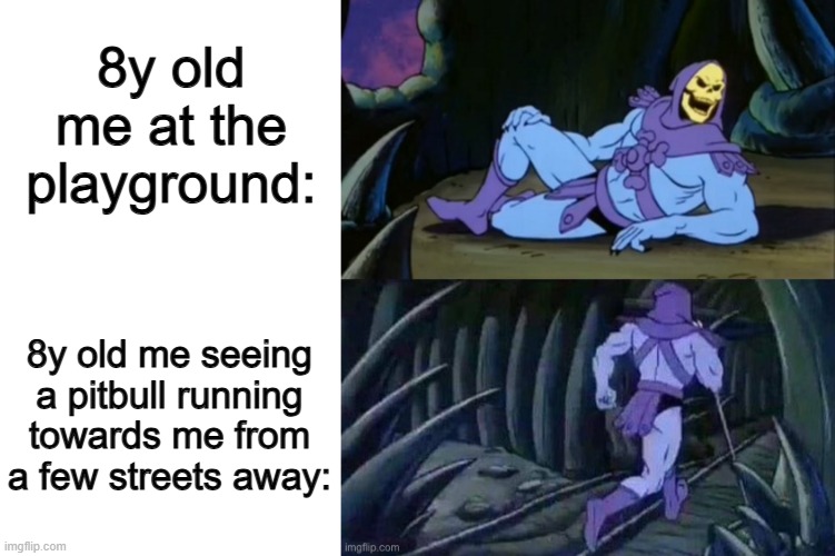 Got to hide... | 8y old me at the playground:; 8y old me seeing a pitbull running towards me from a few streets away: | image tagged in blank white template,skeletor disturbing facts | made w/ Imgflip meme maker