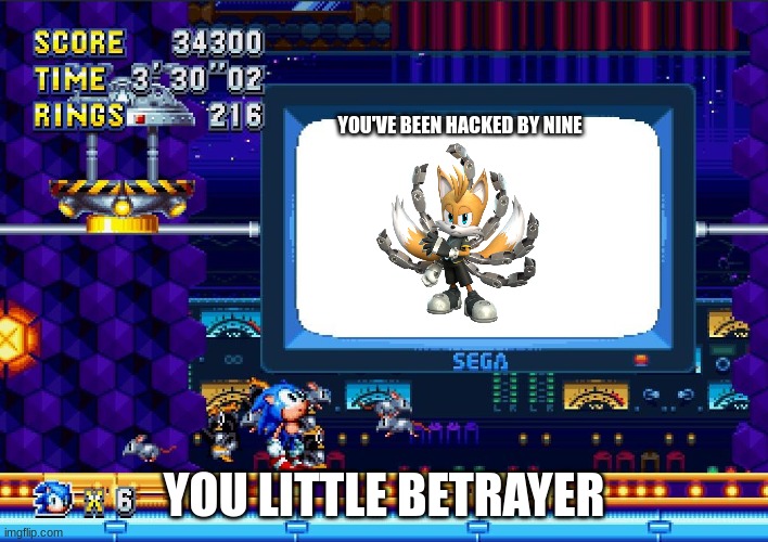 Sonic Mania Sign | YOU'VE BEEN HACKED BY NINE; YOU LITTLE BETRAYER | image tagged in sonic mania sign | made w/ Imgflip meme maker