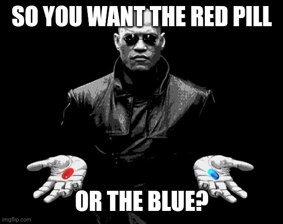 morpheus matrix blue pill red pill | SO YOU WANT THE RED PILL OR THE BLUE? | image tagged in morpheus matrix blue pill red pill | made w/ Imgflip meme maker