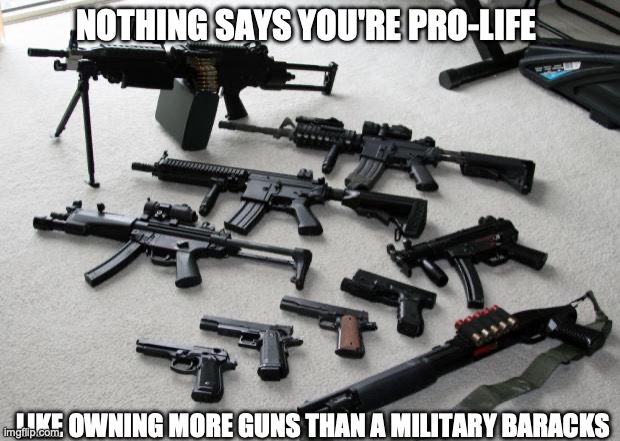 guns | NOTHING SAYS YOU'RE PRO-LIFE; LIKE OWNING MORE GUNS THAN A MILITARY BARACKS | image tagged in guns | made w/ Imgflip meme maker