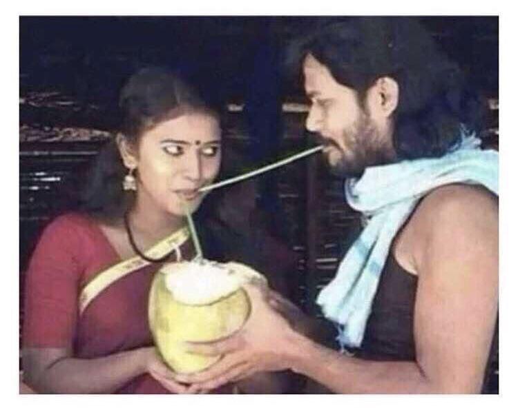south indian couple drinking coconut meme template Blank Meme Template