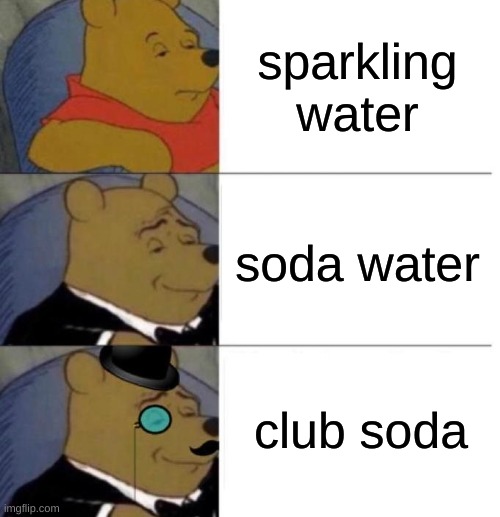 it always sounds more formal | sparkling water; soda water; club soda | image tagged in tuxedo winnie the pooh 3 panel,memes,funny,why are you reading the tags | made w/ Imgflip meme maker