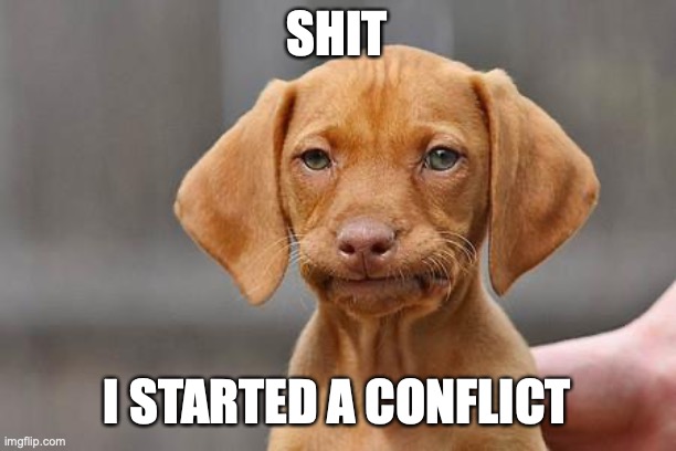 -_- | SHIT; I STARTED A CONFLICT | image tagged in dissapointed puppy | made w/ Imgflip meme maker