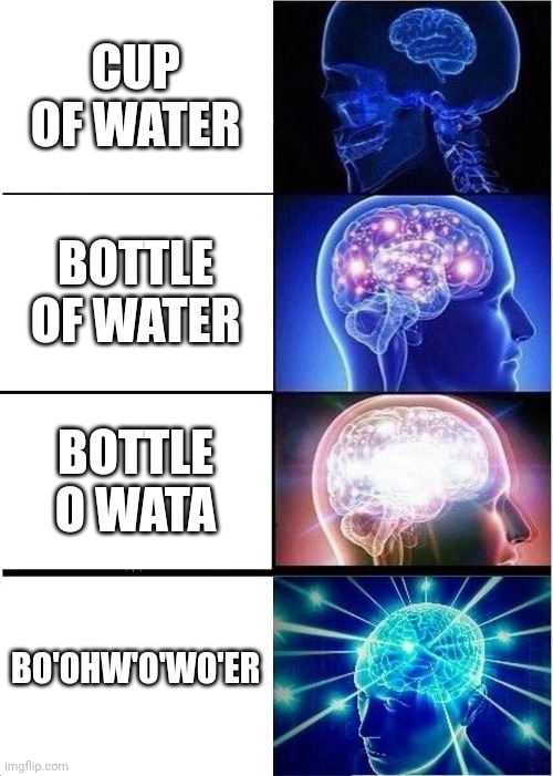 Expanding Brain Meme | CUP OF WATER; BOTTLE OF WATER; BOTTLE O WATA; BO'OHW'O'WO'ER | image tagged in memes,expanding brain | made w/ Imgflip meme maker