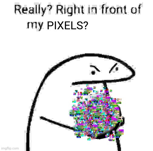Really? Right in front of my pancit? | PIXELS? | image tagged in really right in front of my pancit,memes,reactions | made w/ Imgflip meme maker