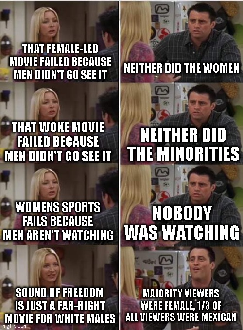Phoebe Joey | THAT FEMALE-LED MOVIE FAILED BECAUSE MEN DIDN'T GO SEE IT; NEITHER DID THE WOMEN; THAT WOKE MOVIE FAILED BECAUSE MEN DIDN'T GO SEE IT; NEITHER DID THE MINORITIES; WOMENS SPORTS FAILS BECAUSE MEN AREN'T WATCHING; NOBODY WAS WATCHING; MAJORITY VIEWERS WERE FEMALE, 1/3 OF ALL VIEWERS WERE MEXICAN; SOUND OF FREEDOM IS JUST A FAR-RIGHT MOVIE FOR WHITE MALES | image tagged in phoebe joey | made w/ Imgflip meme maker