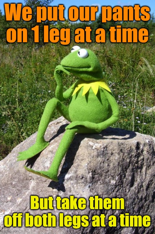 Meme #2,519 | We put our pants on 1 leg at a time; But take them off both legs at a time | image tagged in kermit-thinking,shower thoughts,pants,deep thoughts,true,memes | made w/ Imgflip meme maker