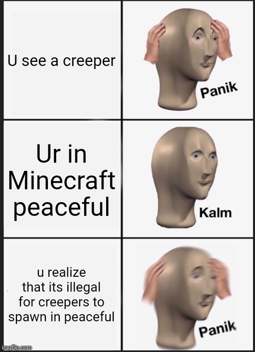 Minecraft Creeper In Peaceful | U see a creeper; Ur in Minecraft peaceful; u realize that its illegal for creepers to spawn in peaceful | image tagged in memes,panik kalm panik | made w/ Imgflip meme maker