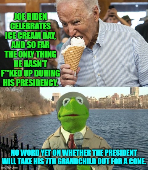 Psssst Joe . . . you've got SEVEN grandchildren; not just six. | JOE BIDEN CELEBRATES ICE CREAM DAY, AND SO FAR THE ONLY THING HE HASN'T F**KED UP DURING HIS PRESIDENCY. NO WORD YET ON WHETHER THE PRESIDENT WILL TAKE HIS 7TH GRANDCHILD OUT FOR A CONE. | image tagged in yep | made w/ Imgflip meme maker