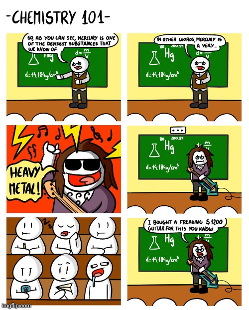 Heavy Metal | image tagged in heavy metal,chemistry,mercury,comics,comics/cartoons,guitar | made w/ Imgflip meme maker