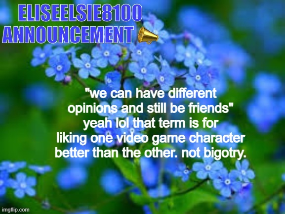 EliseElsie8100 Announcement | "we can have different opinions and still be friends" yeah lol that term is for liking one video game character better than the other. not bigotry. | image tagged in eliseelsie8100 announcement | made w/ Imgflip meme maker
