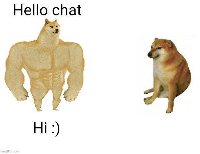 Buff Doge vs. Cheems | Hello chat; Hi :) | image tagged in memes,buff doge vs cheems | made w/ Imgflip meme maker