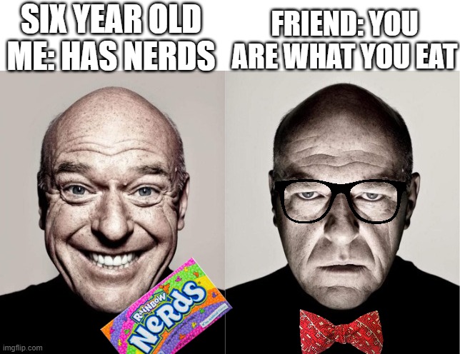 NERDDDDD | SIX YEAR OLD ME: HAS NERDS; FRIEND: YOU ARE WHAT YOU EAT | image tagged in hank | made w/ Imgflip meme maker