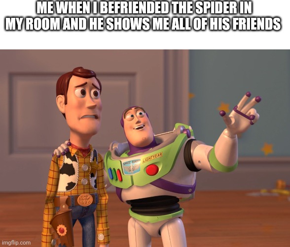 Mem | ME WHEN I BEFRIENDED THE SPIDER IN MY ROOM AND HE SHOWS ME ALL OF HIS FRIENDS | image tagged in memes,x x everywhere | made w/ Imgflip meme maker