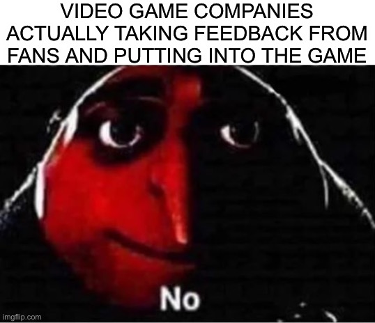 no | VIDEO GAME COMPANIES ACTUALLY TAKING FEEDBACK FROM FANS AND PUTTING INTO THE GAME | image tagged in funny,relatable,gru,video games | made w/ Imgflip meme maker