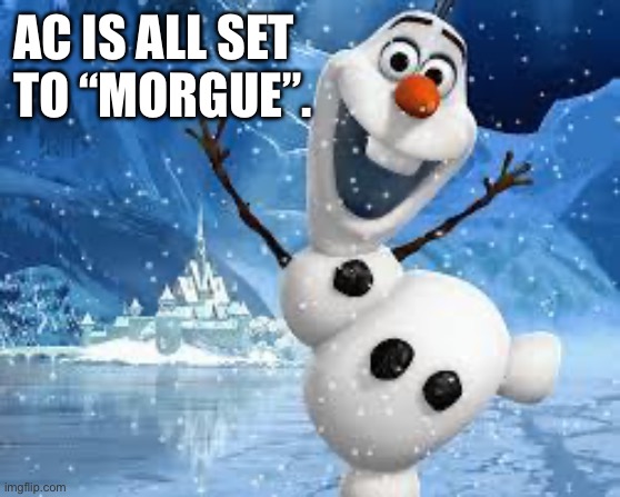 Hubby set AC | AC IS ALL SET
TO “MORGUE”. | image tagged in snowman | made w/ Imgflip meme maker