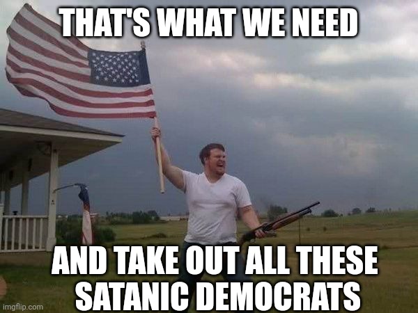 American flag shotgun guy | THAT'S WHAT WE NEED AND TAKE OUT ALL THESE
 SATANIC DEMOCRATS | image tagged in american flag shotgun guy | made w/ Imgflip meme maker