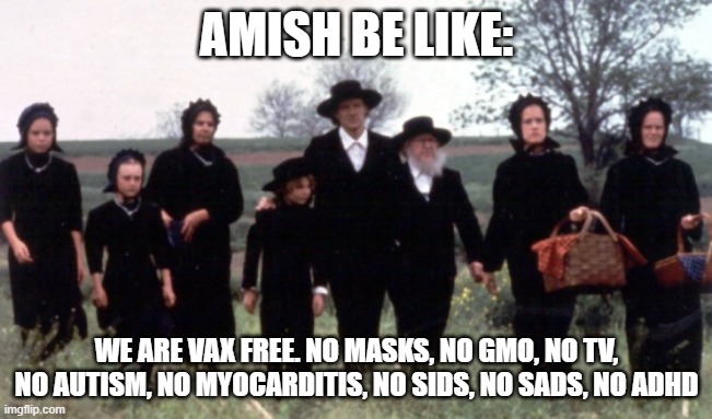 Be like the amish.... | AMISH BE LIKE:; WE ARE VAX FREE. NO MASKS, NO GMO, NO TV, NO AUTISM, NO MYOCARDITIS, NO SIDS, NO SADS, NO ADHD | image tagged in amish,gmo,masks,tv,autism,adhd | made w/ Imgflip meme maker