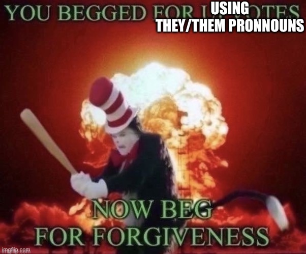 Beg for forgiveness | USING THEY/THEM PRONNOUNS | image tagged in beg for forgiveness | made w/ Imgflip meme maker