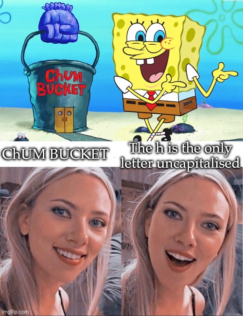 C(h)UM BUCKET | The h is the only letter uncapitalised; ChUM BUCKET | image tagged in smiling blonde girl,krusty krab vs chum bucket,spongebob | made w/ Imgflip meme maker