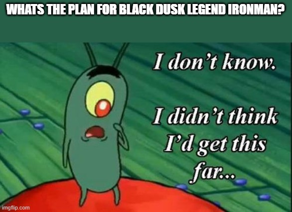 IDK | WHATS THE PLAN FOR BLACK DUSK LEGEND IRONMAN? | image tagged in i don't know i didn't think i'd get this far | made w/ Imgflip meme maker