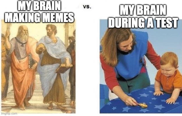 Philophers vs baby | MY BRAIN MAKING MEMES; MY BRAIN DURING A TEST | image tagged in philophers vs baby | made w/ Imgflip meme maker