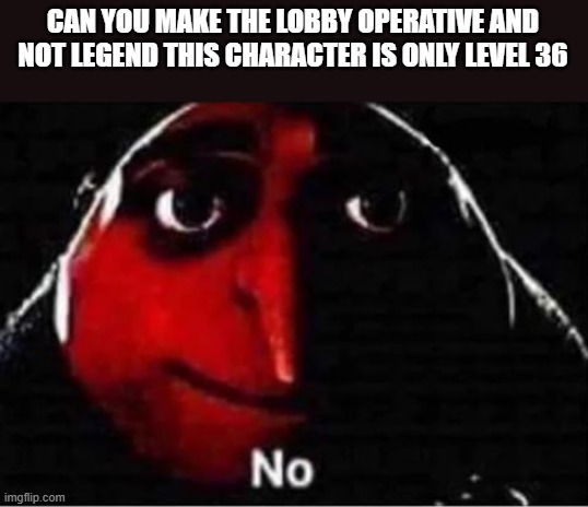 How about no? | CAN YOU MAKE THE LOBBY OPERATIVE AND NOT LEGEND THIS CHARACTER IS ONLY LEVEL 36 | image tagged in gru no | made w/ Imgflip meme maker
