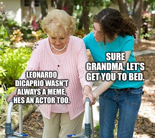 Sure grandma let's get you to bed | SURE GRANDMA, LET'S GET YOU TO BED. LEONARDO DICAPRIO WASN'T ALWAYS A MEME, HES AN ACTOR TOO. | image tagged in sure grandma let's get you to bed | made w/ Imgflip meme maker