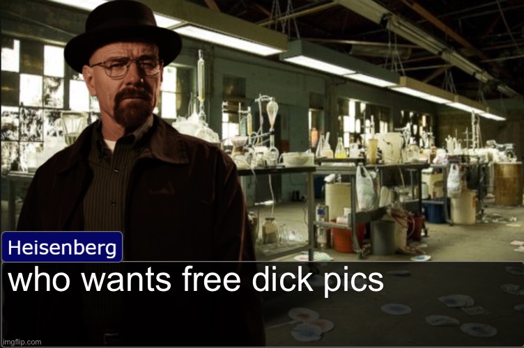 Heisenberg objection template | who wants free dick pics | image tagged in heisenberg objection template | made w/ Imgflip meme maker