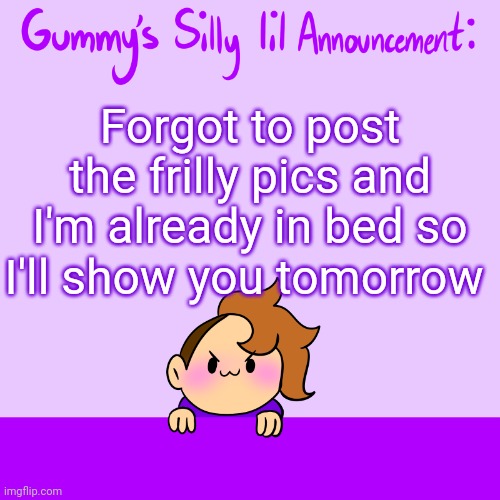Oops sorry | Forgot to post the frilly pics and I'm already in bed so I'll show you tomorrow | image tagged in silly lil announcment | made w/ Imgflip meme maker