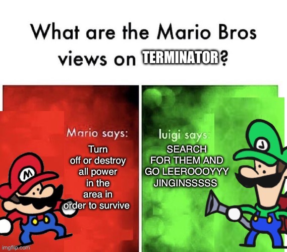 Terminator | TERMINATOR; Turn off or destroy all power in the area in order to survive; SEARCH FOR THEM AND GO LEEROOOYYY JINGINSSSSS | image tagged in terminalmontage mario bros views | made w/ Imgflip meme maker