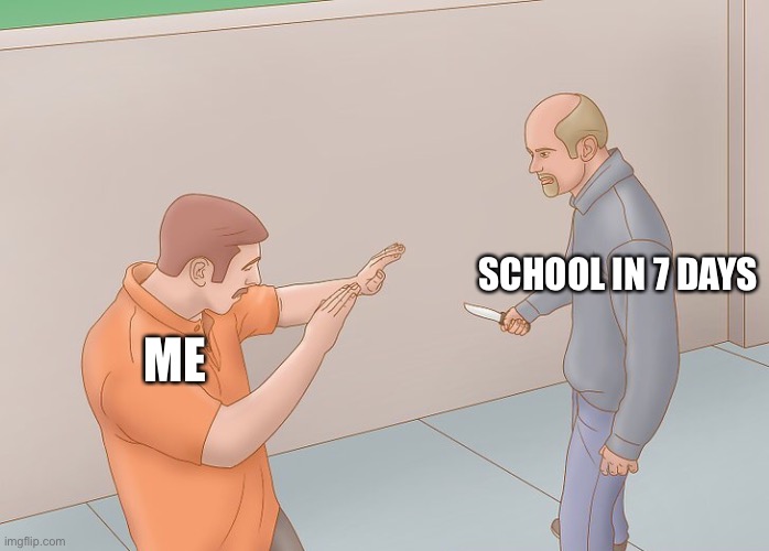 Help | SCHOOL IN 7 DAYS; ME | image tagged in wikihow defend against knife,school,back to school,help,help me | made w/ Imgflip meme maker