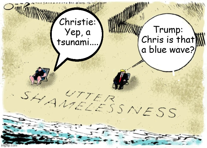 Receding red tide | Trump: Chris is that a blue wave? Christie: Yep, a tsunami.... | image tagged in chris christie,donald trump,blue wave,red tide,mad,maga | made w/ Imgflip meme maker