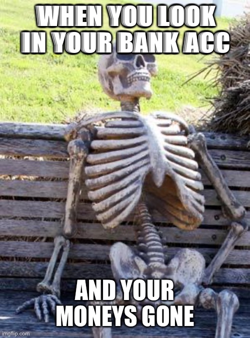 WHEN YOU LOOK IN YOUR BANK ACC AND YOUR MONEYS GONE | image tagged in memes,waiting skeleton | made w/ Imgflip meme maker