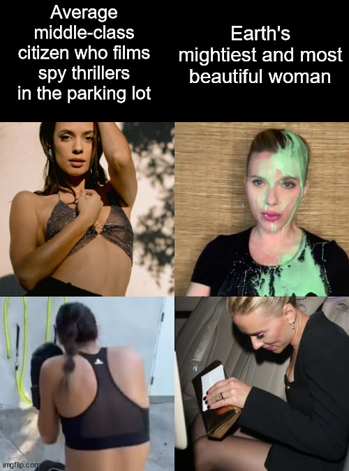 It's called a society. | Earth's mightiest and most beautiful woman; Average middle-class citizen who films spy thrillers in the parking lot | image tagged in laysla de oliveira,scarlett johansson,what are memes | made w/ Imgflip meme maker