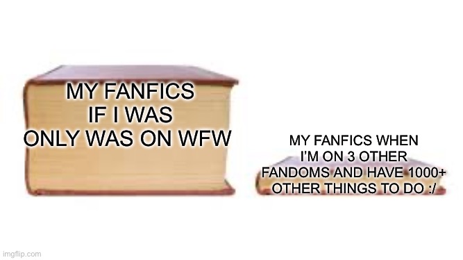 Warriors fanfiction | MY FANFICS IF I WAS ONLY WAS ON WFW; MY FANFICS WHEN I’M ON 3 OTHER FANDOMS AND HAVE 1000+ OTHER THINGS TO DO :/ | image tagged in big book small book | made w/ Imgflip meme maker