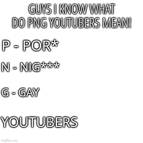 Insert something here | GUYS I KNOW WHAT DO PNG YOUTUBERS MEAN! P - POR*; N - NIG***; G - GAY; YOUTUBERS | image tagged in memes,youtubers,bruh,shitpost | made w/ Imgflip meme maker