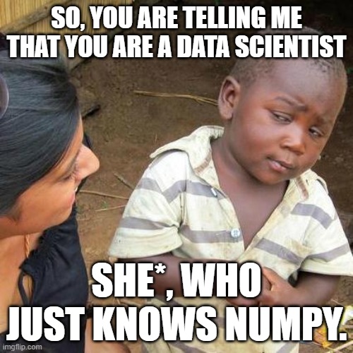 Data Scientist Funny Meme | SO, YOU ARE TELLING ME THAT YOU ARE A DATA SCIENTIST; SHE*, WHO JUST KNOWS NUMPY. | image tagged in memes,third world skeptical kid | made w/ Imgflip meme maker