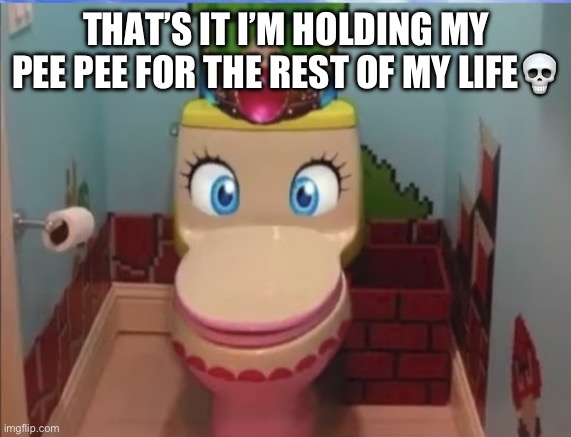 I’m never using the toilet again? | THAT’S IT I’M HOLDING MY PEE PEE FOR THE REST OF MY LIFE💀 | image tagged in peach toilet | made w/ Imgflip meme maker