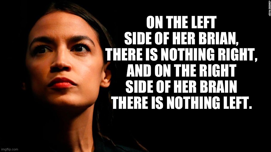 AOC | ON THE LEFT SIDE OF HER BRIAN, THERE IS NOTHING RIGHT, AND ON THE RIGHT SIDE OF HER BRAIN THERE IS NOTHING LEFT. | image tagged in ocasio-cortez super genius | made w/ Imgflip meme maker
