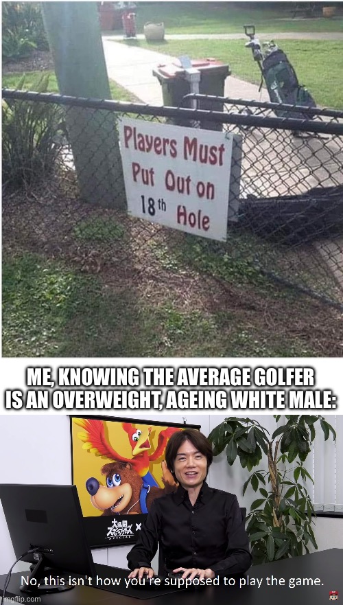 Cursed | ME, KNOWING THE AVERAGE GOLFER IS AN OVERWEIGHT, AGEING WHITE MALE: | image tagged in this isn't how you're supposed to play the game,holes,golf | made w/ Imgflip meme maker