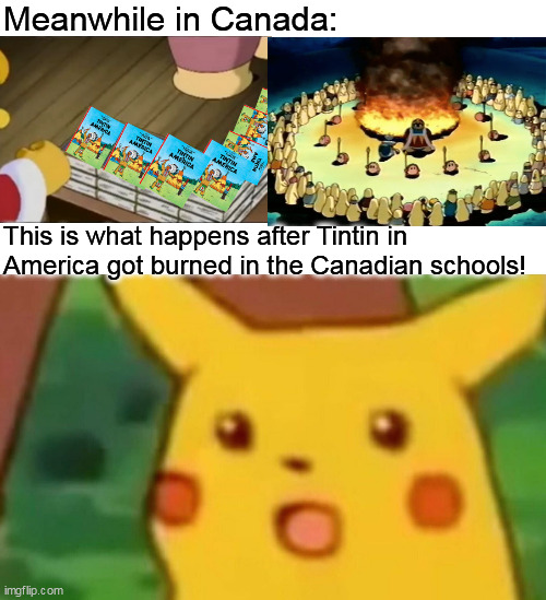Tintin in America book burning incident in Canada be like | Meanwhile in Canada:; This is what happens after Tintin in America got burned in the Canadian schools! | image tagged in memes,surprised pikachu,kirby | made w/ Imgflip meme maker