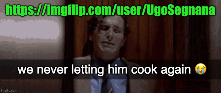 we never letting him cook again | https://imgflip.com/user/UgoSegnana | image tagged in we never letting him cook again | made w/ Imgflip meme maker