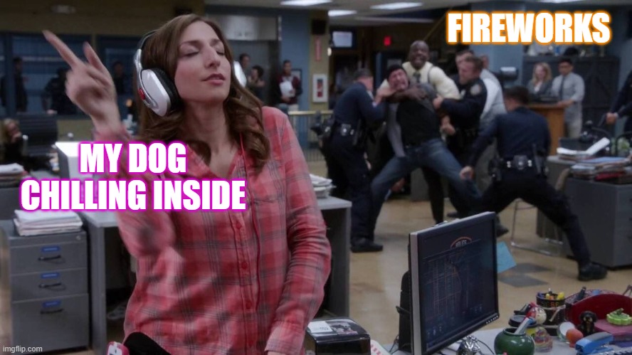 my dog chilling inside | FIREWORKS; MY DOG CHILLING INSIDE | image tagged in gina unbothered headphones meme,brooklyn 99,dogs | made w/ Imgflip meme maker