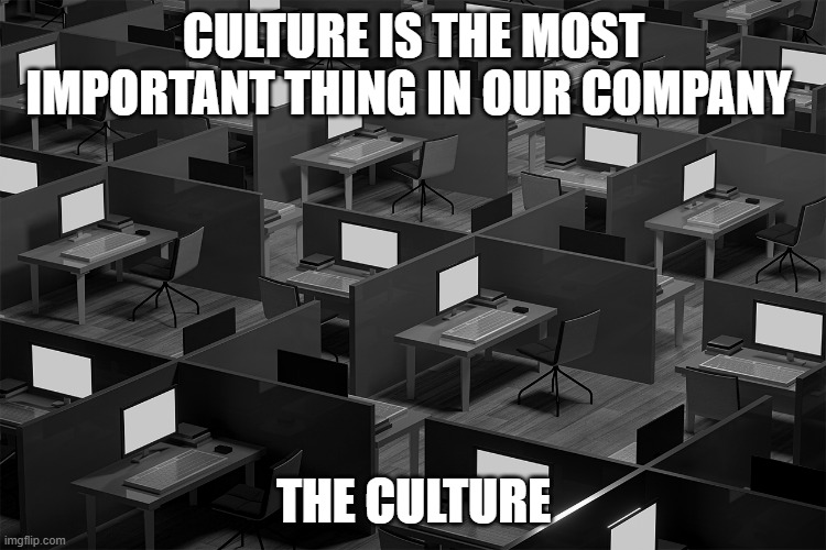 Cube Farm | CULTURE IS THE MOST IMPORTANT THING IN OUR COMPANY; THE CULTURE | image tagged in cube farm | made w/ Imgflip meme maker