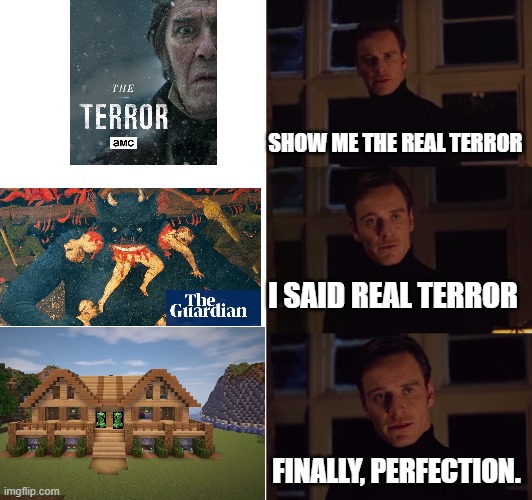 Terror in Minecraft. | SHOW ME THE REAL TERROR; I SAID REAL TERROR; FINALLY, PERFECTION. | image tagged in perfection | made w/ Imgflip meme maker