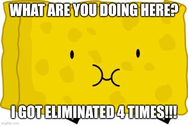 Don't worry, Spongys good. | WHAT ARE YOU DOING HERE? I GOT ELIMINATED 4 TIMES!!! | image tagged in spongy bfdi | made w/ Imgflip meme maker