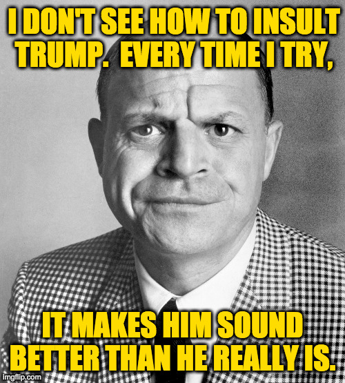 It's a challenge. | I DON'T SEE HOW TO INSULT
TRUMP.  EVERY TIME I TRY, IT MAKES HIM SOUND
BETTER THAN HE REALLY IS. | image tagged in rickles,trump,memes | made w/ Imgflip meme maker