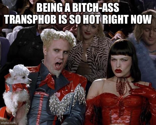 Mugatu So Hot Right Now | BEING A BITCH-ASS TRANSPHOB IS SO HOT RIGHT NOW | image tagged in memes,mugatu so hot right now | made w/ Imgflip meme maker