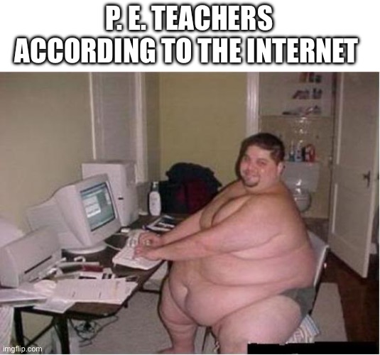 P. E. Teachers are fat, but not THAT fat! | P. E. TEACHERS ACCORDING TO THE INTERNET | image tagged in really fat guy on computer | made w/ Imgflip meme maker